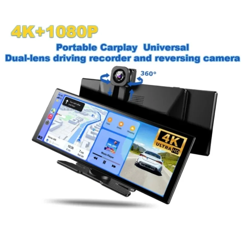 ESSGOO 11,3" Autoradio 4K+1080P Tragbares Carplay Universelles Android Auto Universeller Dual-Lens-Fahrtenschreiber und Rückfahrkamera Nachtsicht Drahtloses CarPlay WiFi GPS-Navigation Videorekorder