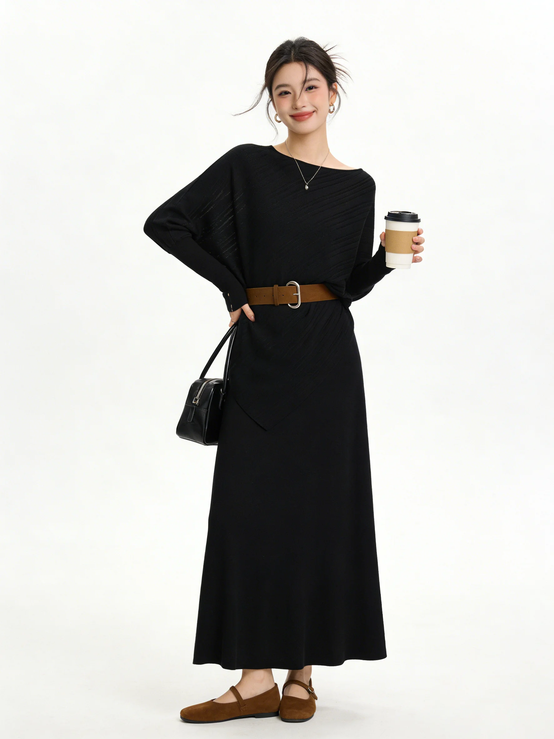 

Slimming Knitted Batwing Sve Asymmetrical oulder Spring New Arrival Commute Set Casual Sle High Waist f Skirt