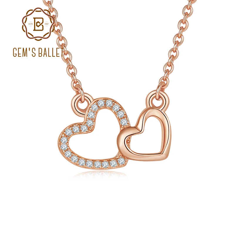 GEM'S BALLET Moissanite Accent Beaded Large and Small Double Intertwining Heart Necklace in 925 Sterling Silver Gift for Her