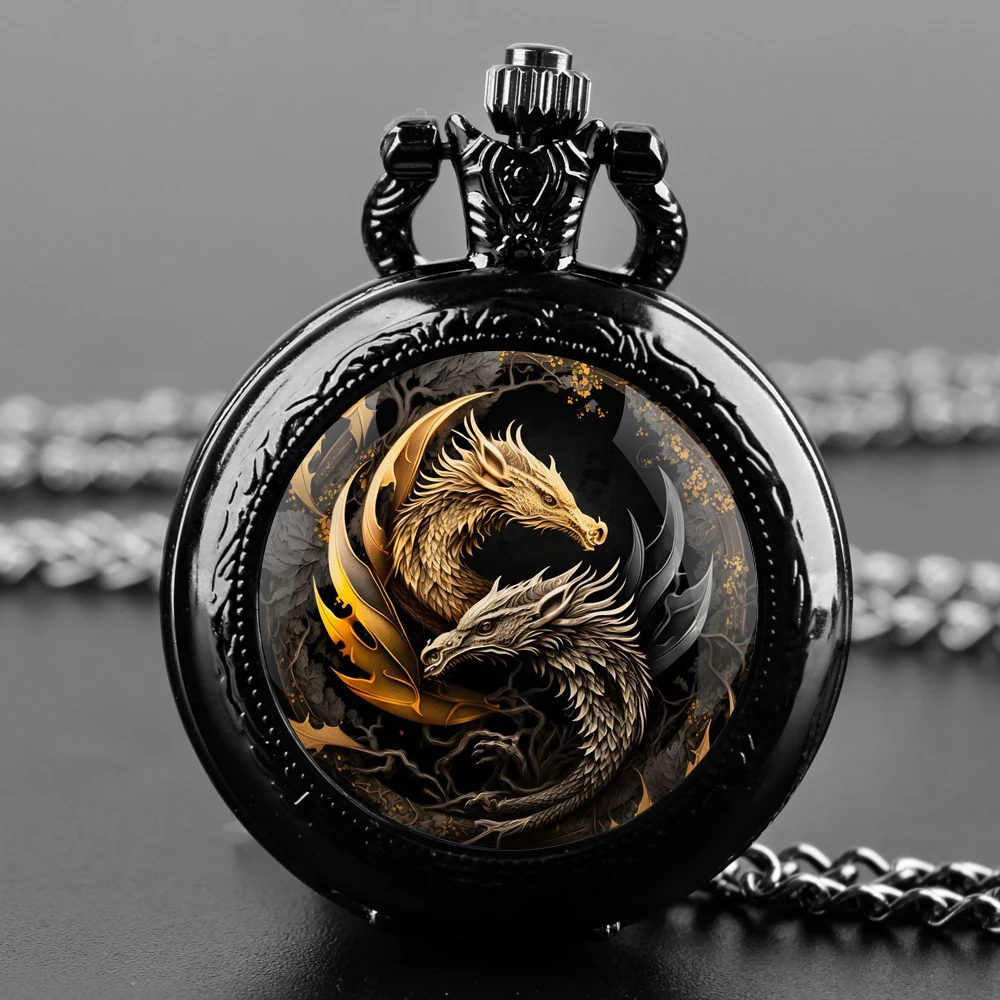 Yin-Yang Dragon Pocket Watch - Quartz Movement, Round Dial, Unique Bronze Necklace Souvenir Gift