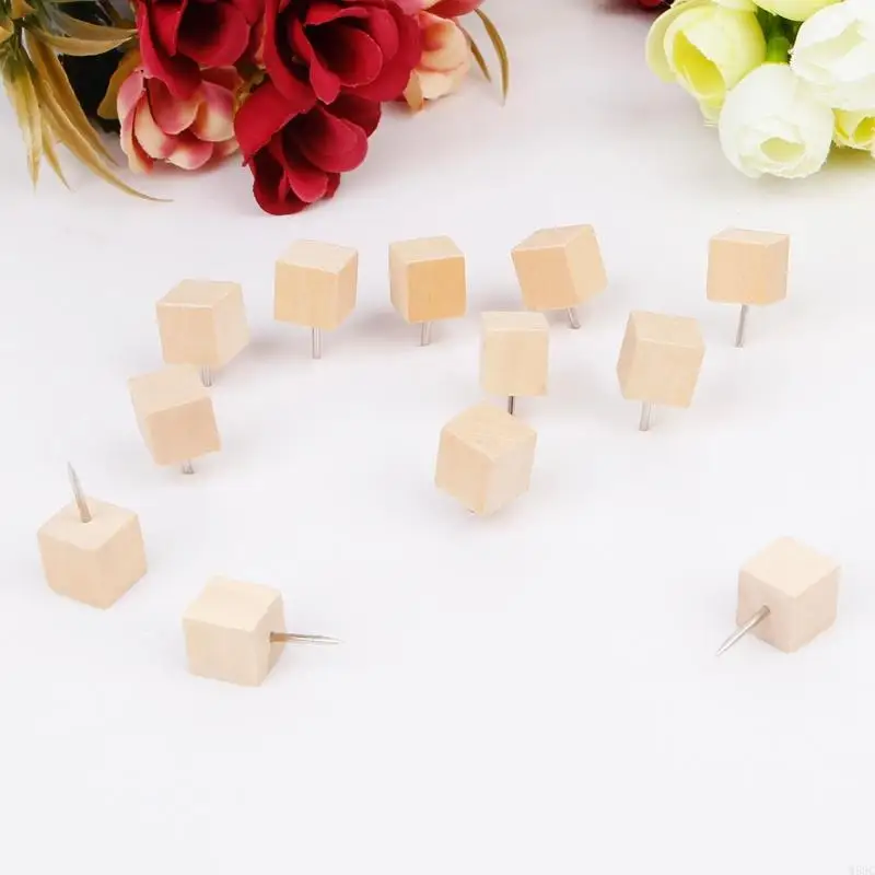 W89C 30 Pcs Wooden Thumbtack Quadrate for Creative Decorative Drawing Push Pins