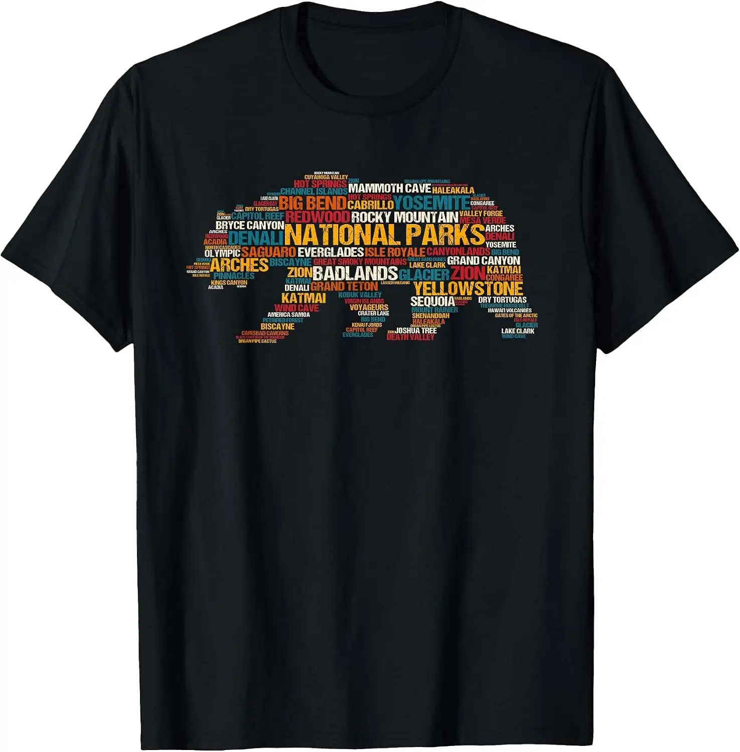 National Parks USA List Word Cloud Bear Camping & Hiking T-Shirt Casual, Breathable, Quick-Dry Pure Cotton Short-Sleeve Shirt