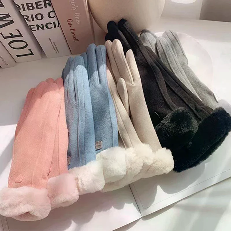 Женские зимние толстые плюшевые перчатки, модные теплые замшевые уличные перчатки, женские перчатки для вождения с сенсорным экраном, спортивные велосипедные варежки