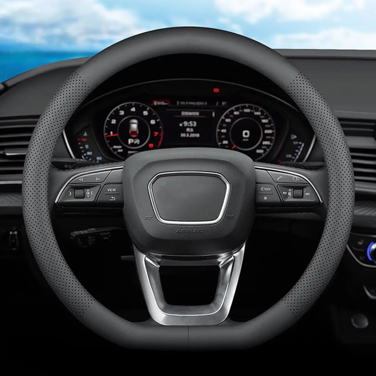 

D-Shape Perforated Leather Steering Wheel Cover For Nissan Models Altima Rogue Sentra Pathfinder Maxima Versa Kicks 14.5 To 15