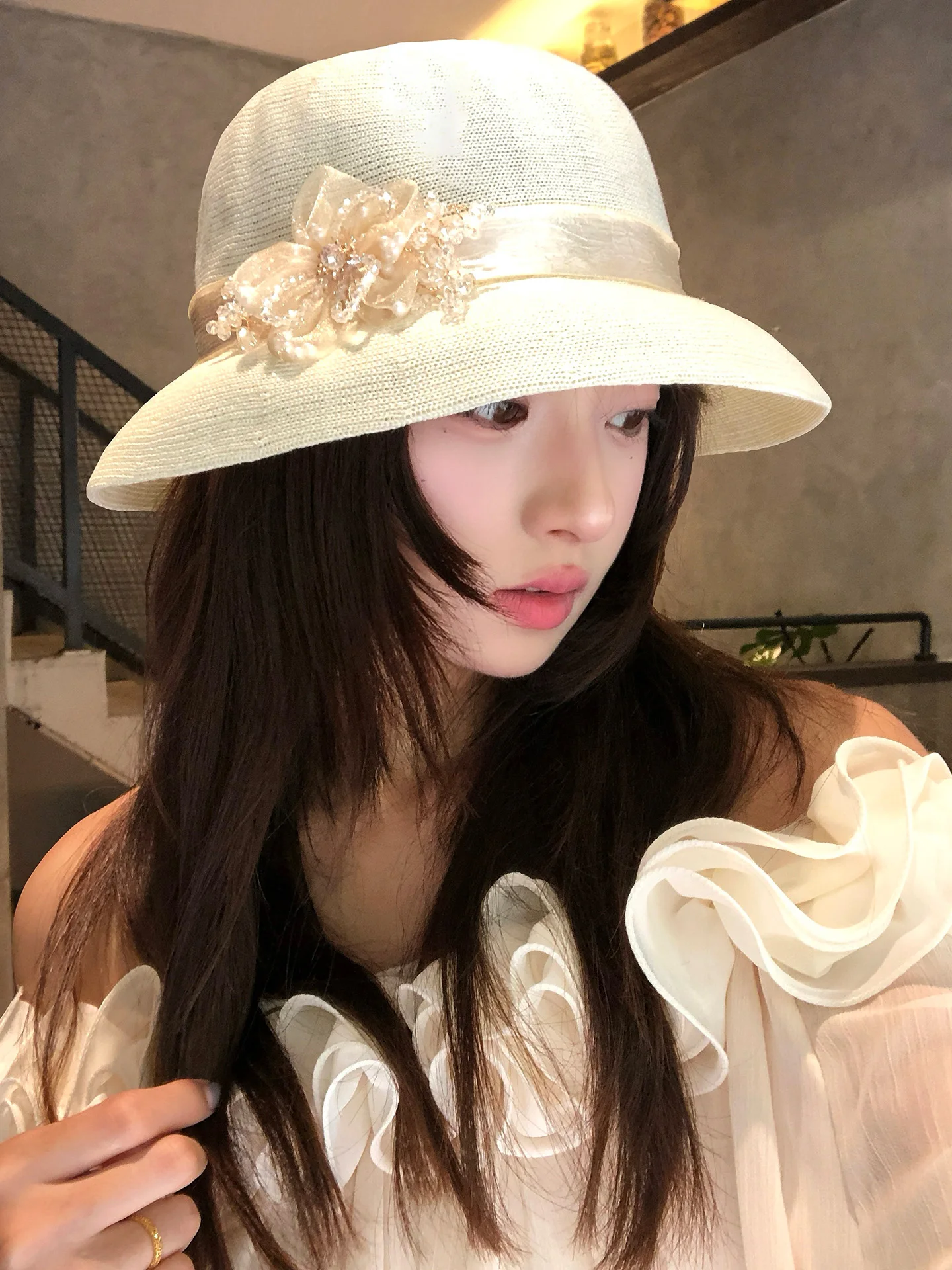 Elegant Floral Netting Fisherman Hat Women's Spring Summer Thin Style Vintage Adjustable Wide Brim Hat Face Slimming Versatile