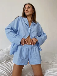 Marthaqiqi Plaid Loose Femme Pajama 2 Piece Suit Long Sleeve Nightwear Sexy Turn-Down Collar Sleepwear Casual Shorts Nightie Set