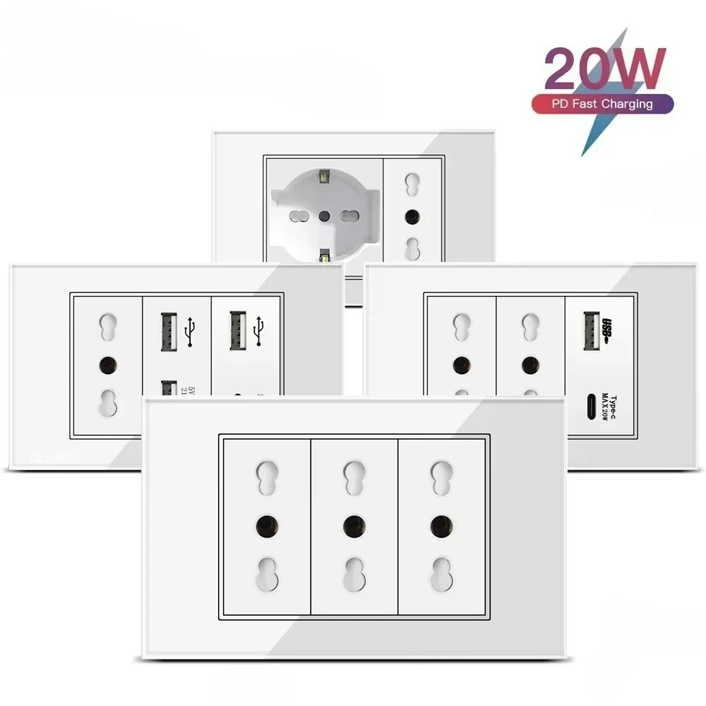 

ELEGAN White Tempered Glass Italy USB Type C Fast Charging Wall Socket Schuko Tuya Wifi Smart SwitchTV Tel Doorbell Chile 16A