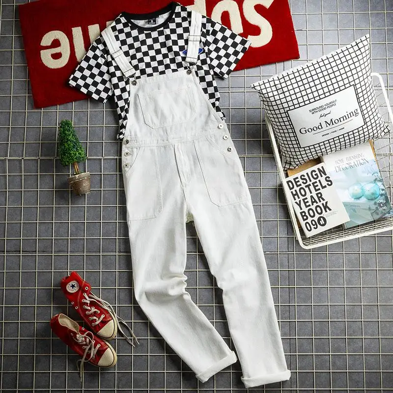 Fashionable Slimming Washed White Straight Leg Jeans Overalls Men's Versatile Loose plus Size Jumpsuits Casual Breathable