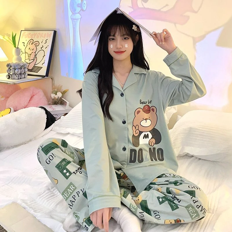 2024 New Sleepwear Spring Autumn Women Long-Sleeved Trousers Sweet Cute Bear Pajamas Suit Female Large Size Casual Homewear Suit