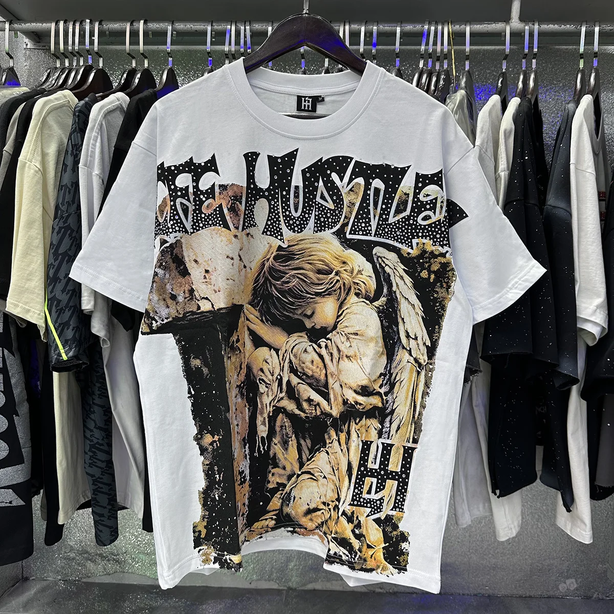 New Life Hustlers Vintage Angel Print Rhinestone Loose Fit Pure Cotton Short Sleeve T-Shirt Street Style Citywalk Casual Tee