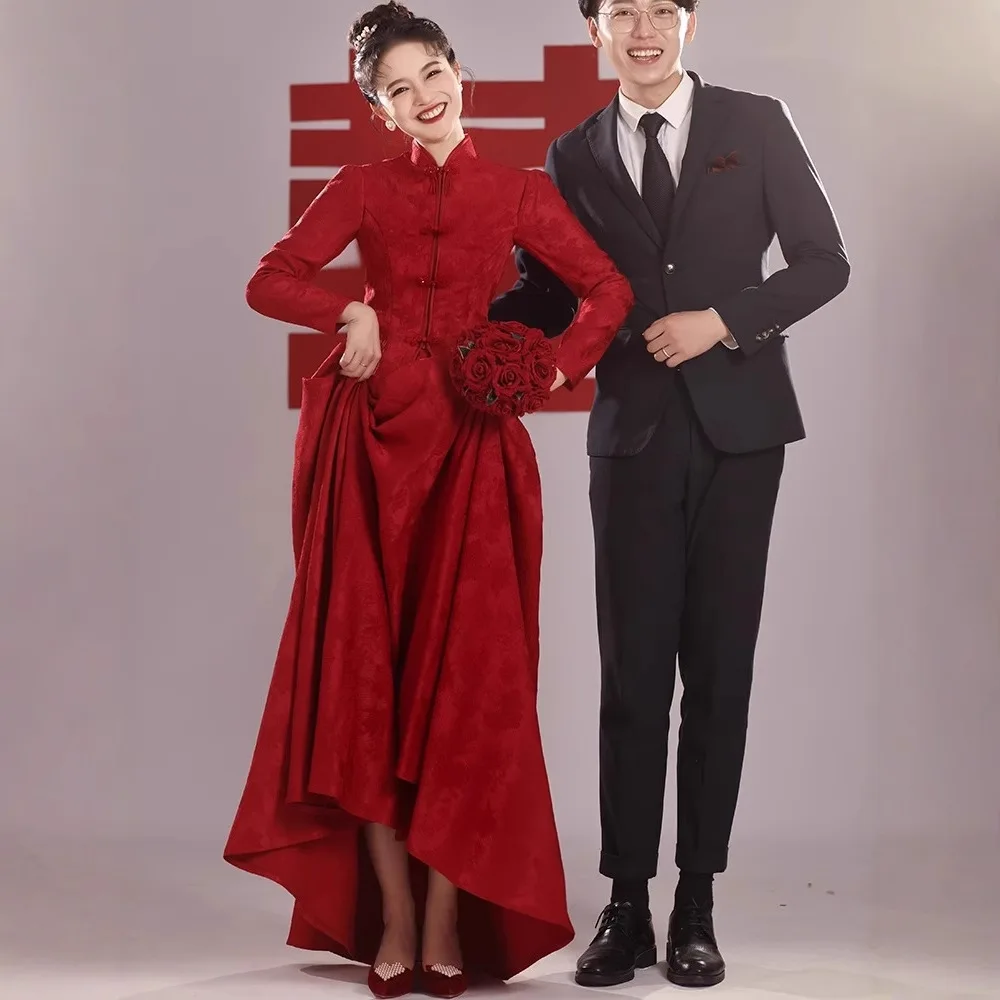 

Комплект из двух предметов цвета красного вина с длинными рукавами для свадьбы, церемонии возвращения домой, помолвки, на заказ, в традиционном китайском стиле