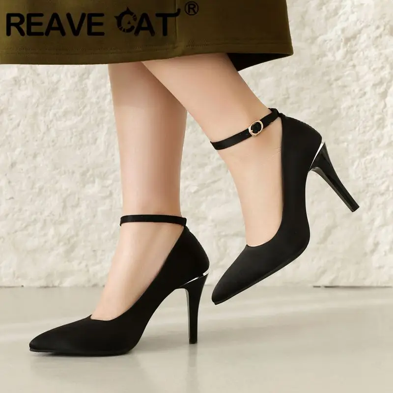 REAVE CAT 9cm Shallow Women Thin High Heels Shoes Party Office Lady\'s Pumps Pointed Toe Stiletto 32 43 Ankle Strap Satin