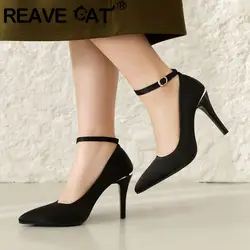 REAVE CAT 9cm Shallow Women Thin High Heels Shoes Party Office Lady's Pumps Pointed Toe Stiletto 32 43 Ankle Strap Satin