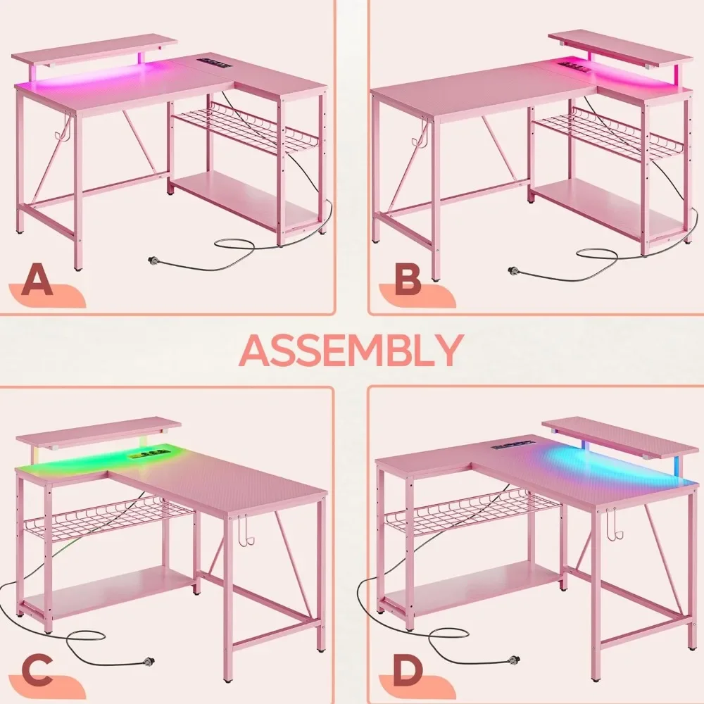 Escritorio para juegos con tomas de corriente, escritorio de computadora de esquina pequeña de 42 LED, almacenamiento Reversible, escritorio en forma de L con escritorio, fibra de carbono rosa