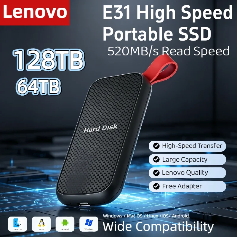 

Портативный SSD-накопитель Lenovo 8 ТБ, внешний жесткий диск USB 3.1, высокоскоростное мобильное устройство хранения данных для ноутбуков, PS5, телефонов, игровых консолей и резервного копирования