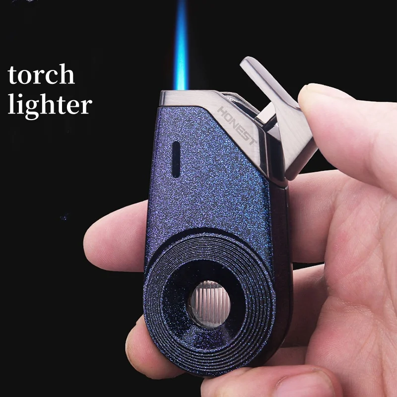 

HONEST Outdoor Windproof Creative Direct Blue Flame Gas Lighter Transparent Gas Chamber Metal Material Cigar Lighter Men's Gift
