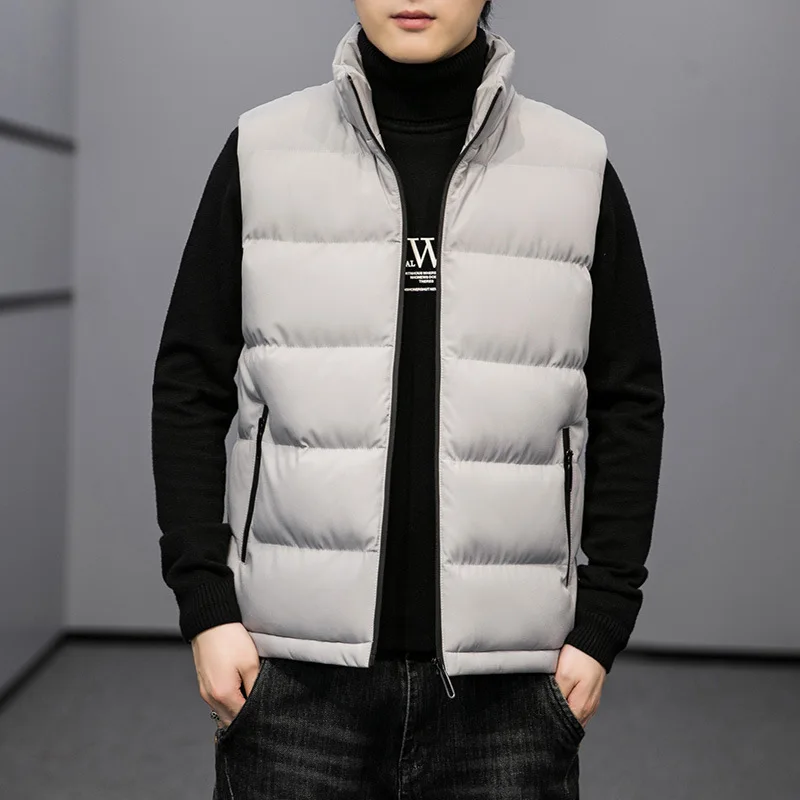 秋冬メンズスリムフィットノースリーブスタンドカラーベスト無地厚手ダウンコットンジャケットカジュアルジッパーウエストコート