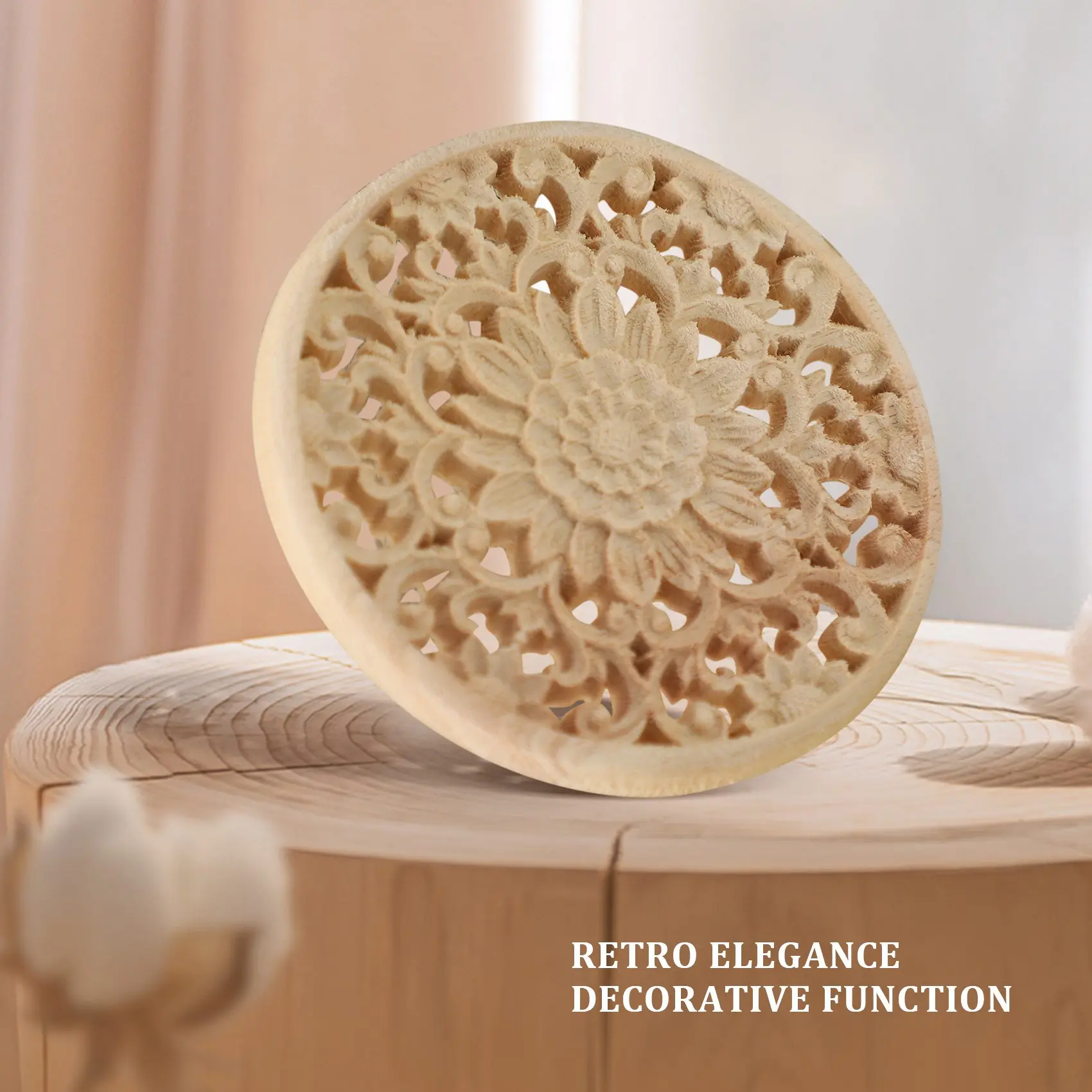 Carved Flower Carving Round Wood Appliques For Furniture Cabinet Unpainted Wooden Mouldings Decal Decorative Figurine