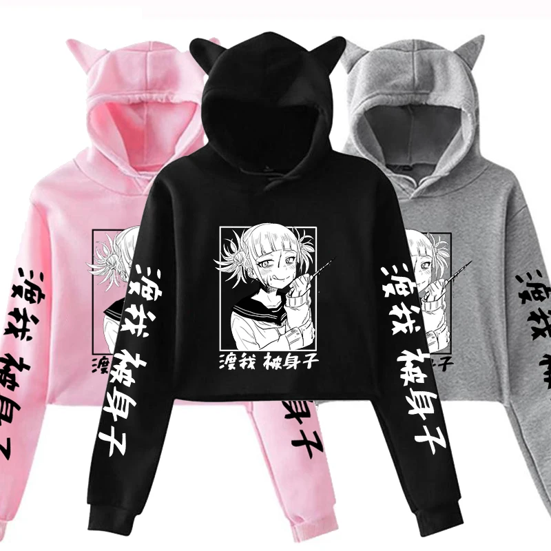 New Anime Cropped Hoodies Women Girl Fashion Y2k Cat Ear Hooded Casual Long Sleeve Himiko Toga Hoodies Sweatshirts Pullover