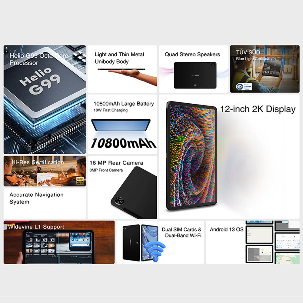 Doogee-Tablette T20 Ultra, Helio G99 Octa Core, 12 Go + 7.6 Go, 256 mAh, Appareil photo principal 16MP, Android 13, 10800mm, 12 ", Affichage 2K, Première mondiale