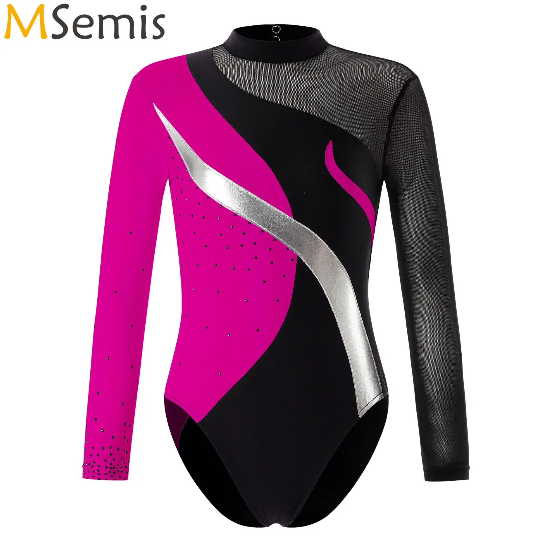 Kids Girls Ballet Dance Long Sleeve Gymnastic Leotard Bodysuit Rhinestones Hollow Back Skating Tops Ballet Competition Costumes