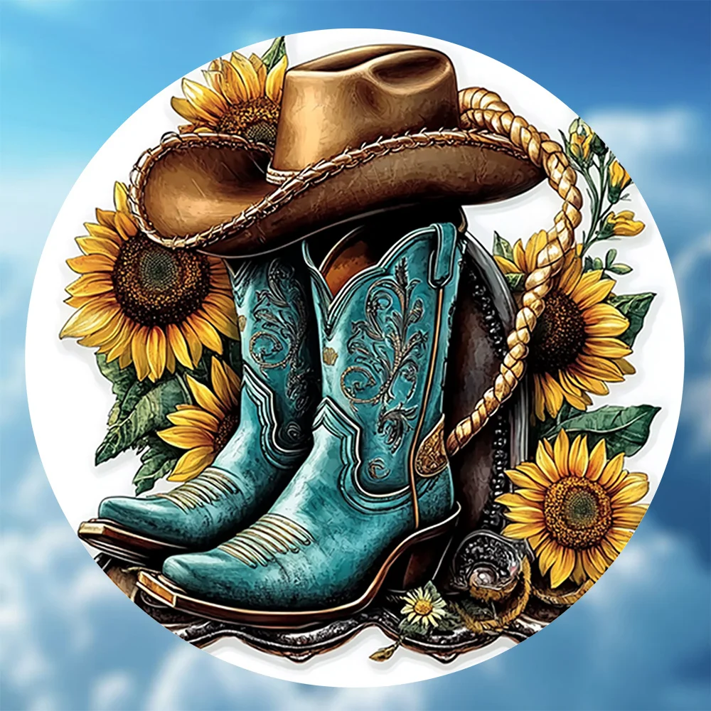 Vintage Turquoise Cowboy Boots & Brown Cowboy Hat Metal Wall Art - 8-Inch Round Rustic Decor, Reusable Iron Sign for Home