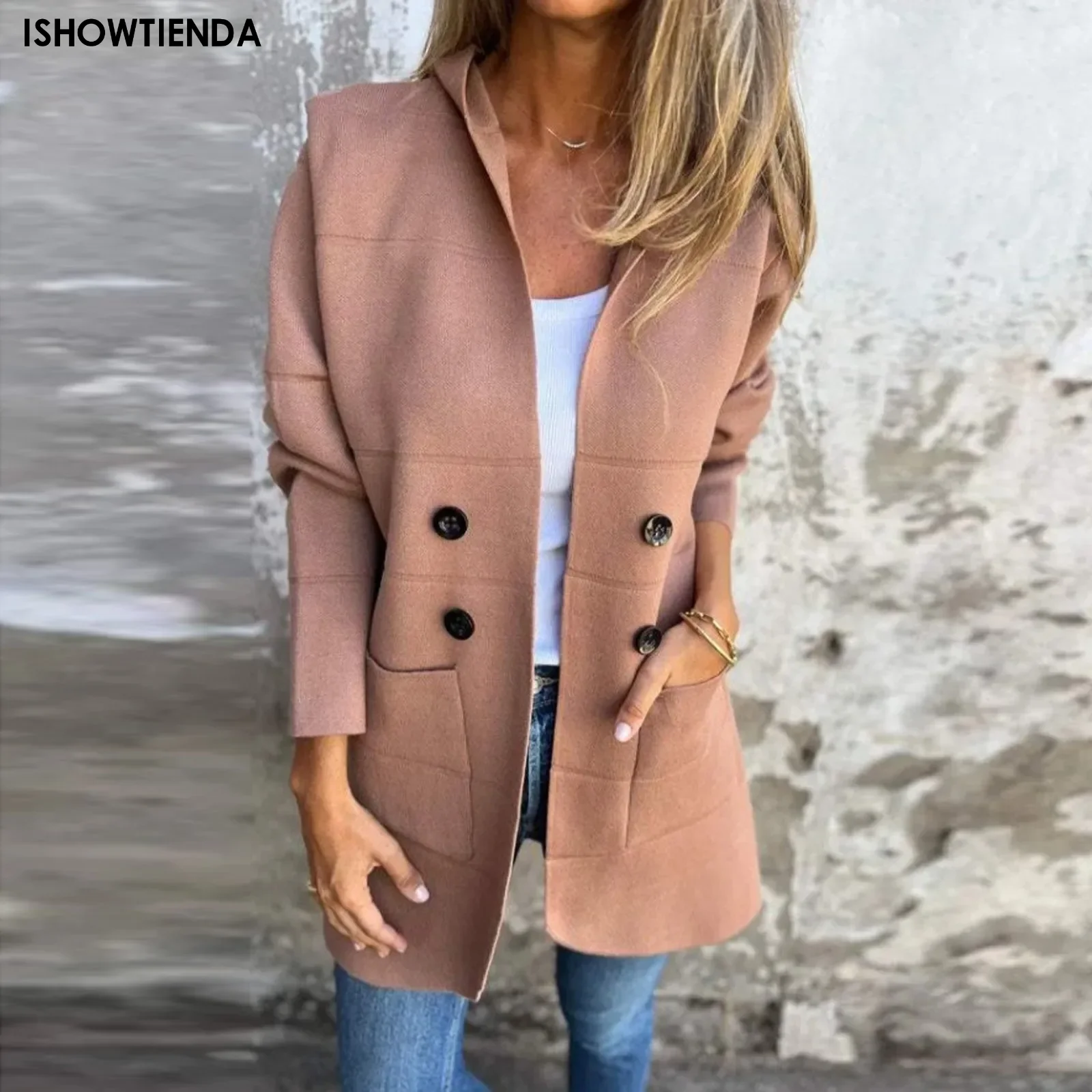 

Elegant Women Solid Double Breasted Jackets Coat Chic Stand Collar Long Sleeves Warm Jacket Autumn Fashion Lady Commuting Outwea