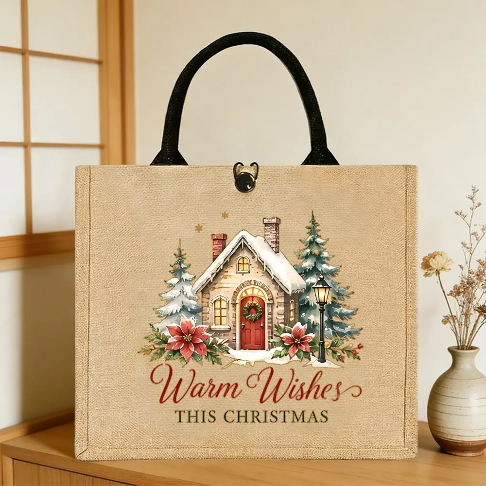 Warm Wishes This Christmas Jute Tote Bag, Cute Snowy Cabin Pine Tree Pattern Shoulder Bag, Casual Daily Shopping Handbag