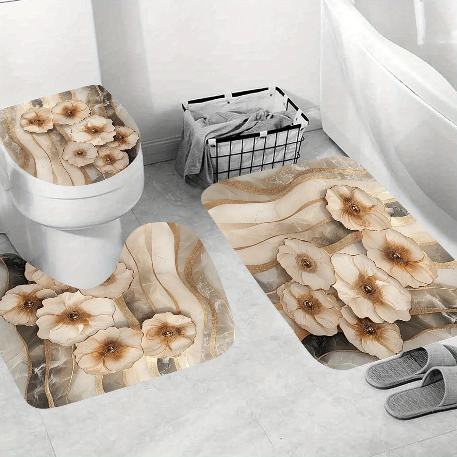 

3-х предметный абстрактный современный мраморный набор для ванной комнаты с геометрическим вихревым сотом - U-образный коврик для ванной и чехол на сиденье унитаза - нескользящий дизайн
