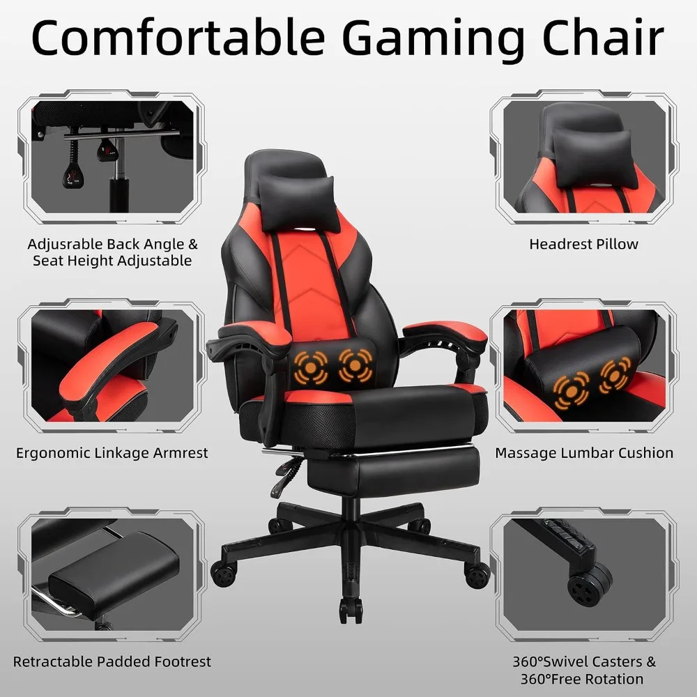 Ergonomic Gaming Chair with Footrest, Massage Lumbar, Adjustable Height & 360° Swivel view 4