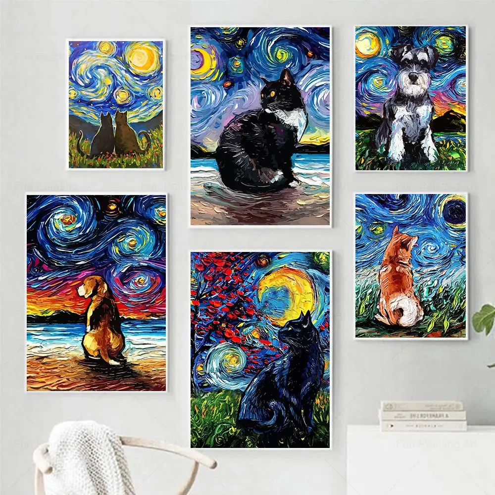Oil Painting Basset Hound Collie Dog Cat Starry Night Van Gogh Wall Art Canvas Poster Funny Animal Prints Home&Living Room Decor
