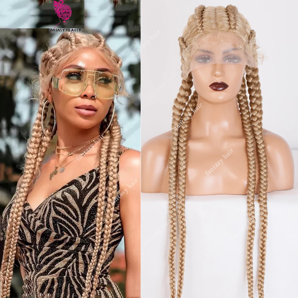 

Lace Front Cornrow Double Dutch Braided Wigs with Baby Hair Synthetic Honey Blonde Box Braids Wig for Black Women 32inches