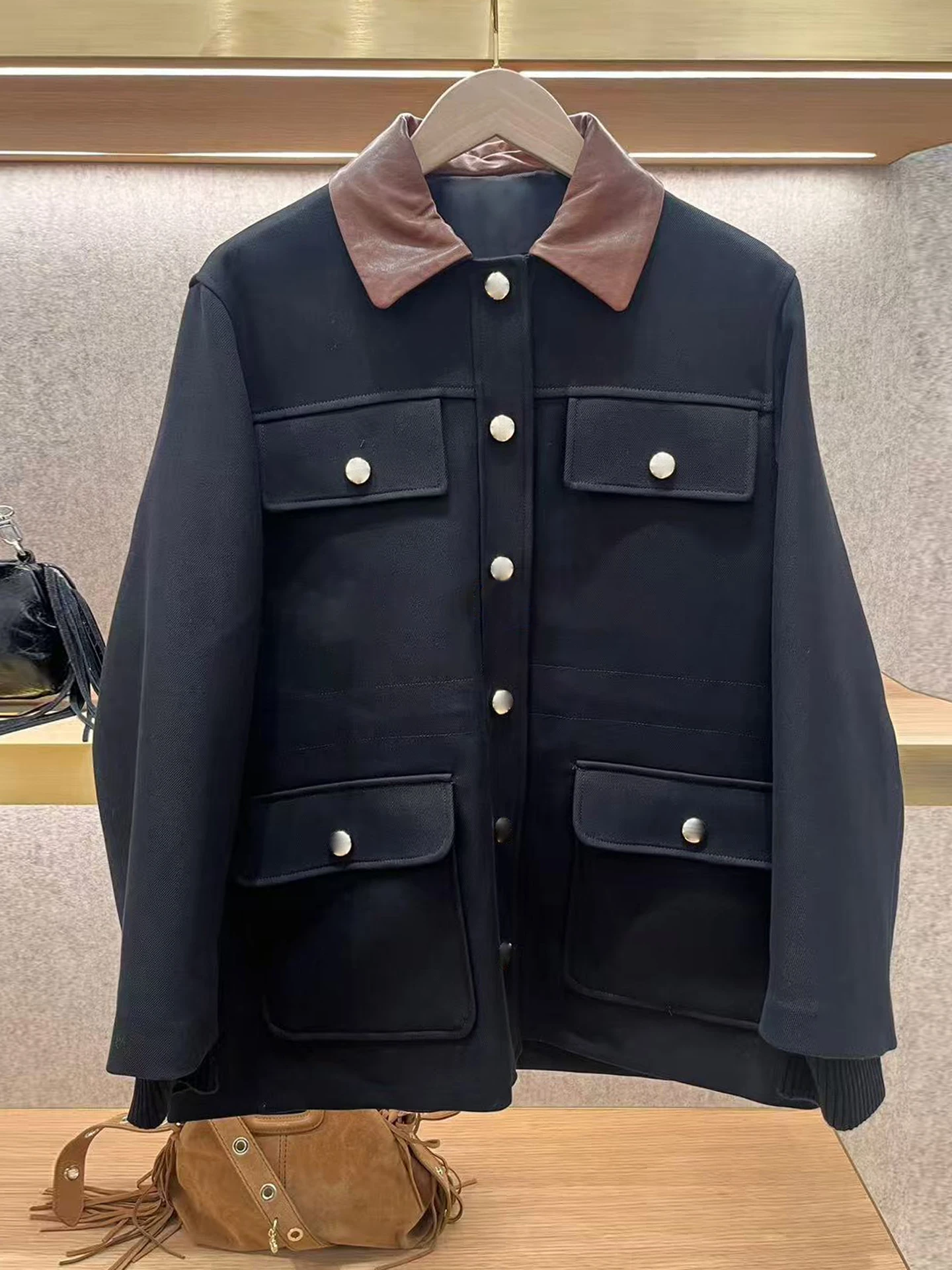 

M Home Southern Oil High End Women's Vintage Patchwork Leather Collar Jaet Outerwear Commute Sle Stand Fit Long Sve