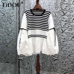 Spring Autumn O Neck Striped Patchwork Loose Casual Pullover Blouse Femme Comfortable All-match Bow Shirt Top Women's Clothing