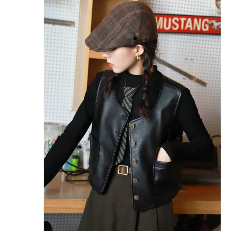 Vintage PU Leather Vest Women Sleeveless Leather Jacket Single-breasted Short Waistcoat Crop Tops O-neck Korean Fashion Coat