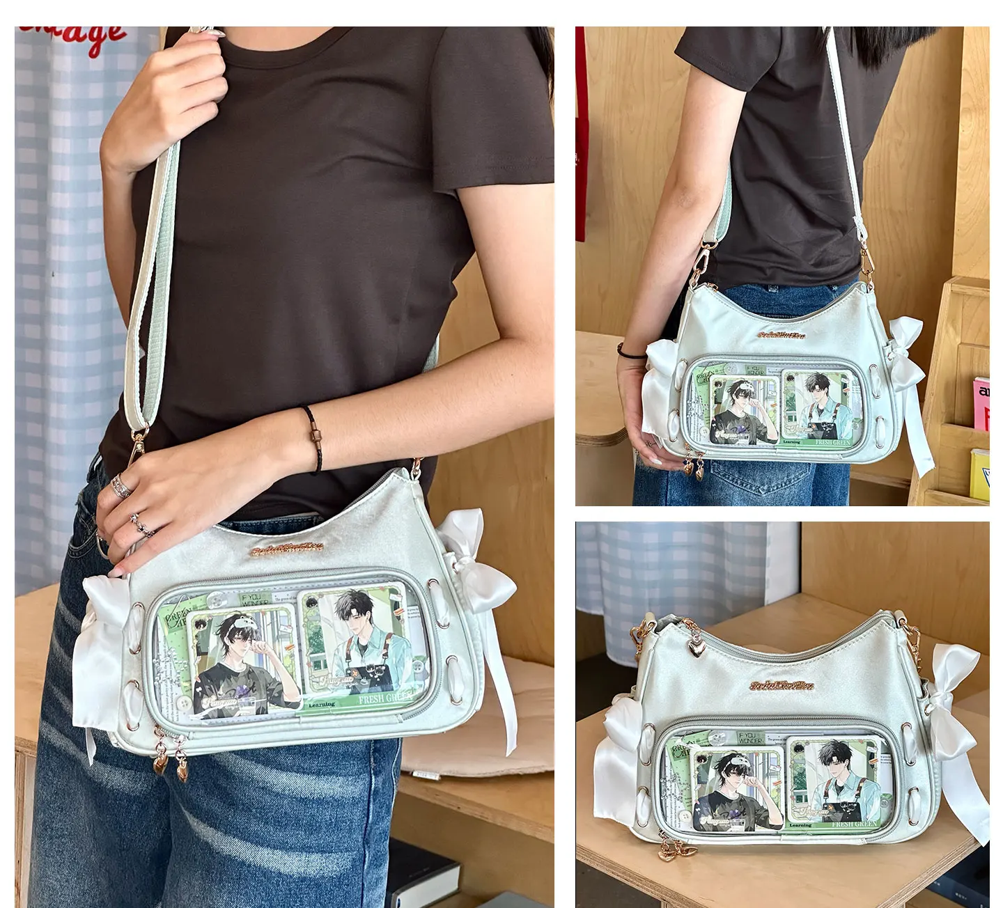 Women Anime Ita Bag Small Capacity Clear Window Shoulder Crossbody Bag Bow Decor Handbag Display Pouch for Badge Pin Cosplay