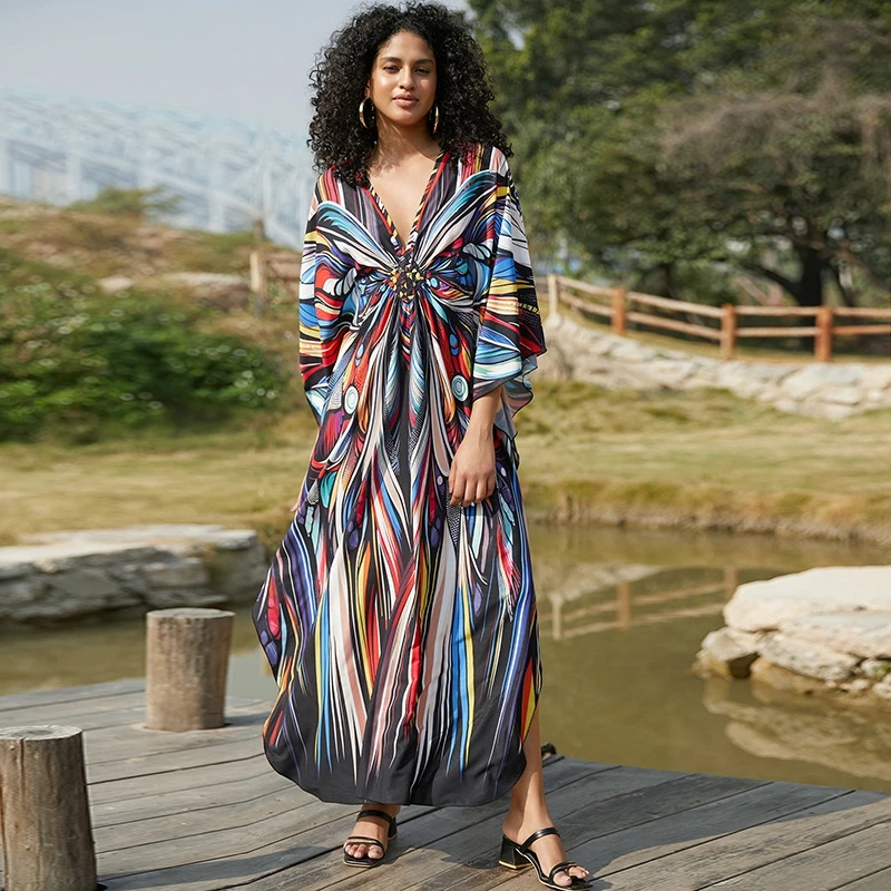 Butterfly Long Sleeve Kaftan V-neckline Tropical Fashion Chic Women Maxi Dress Dreamy Vivid Colorful Caftan Boho Loose Cover Ups