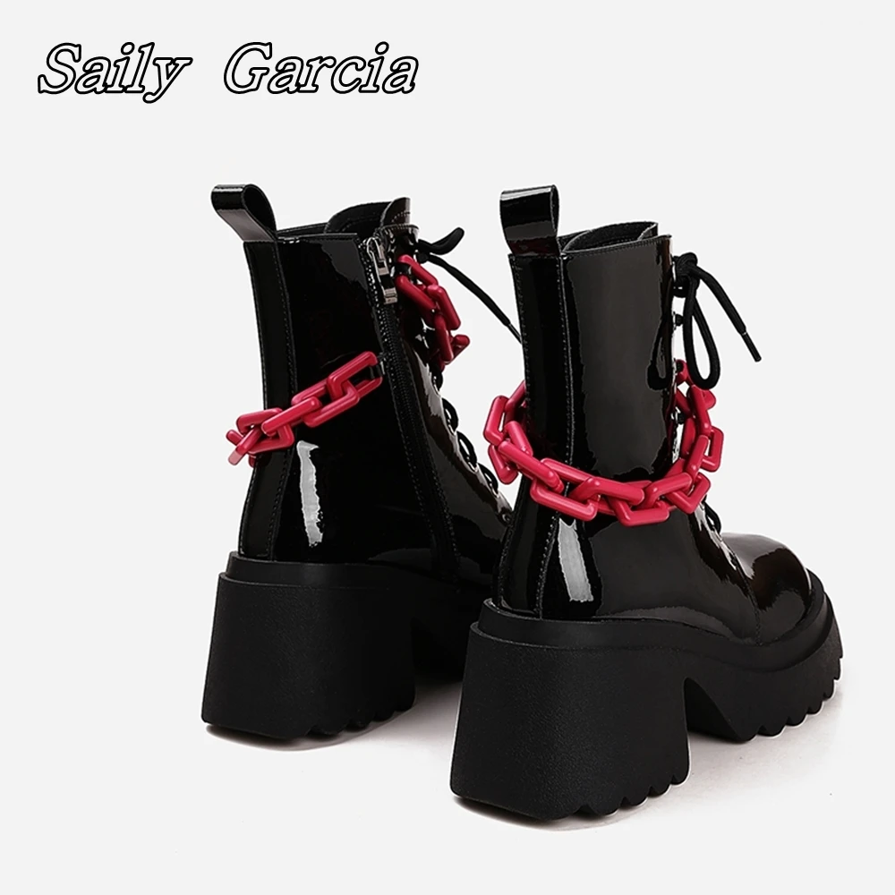 Genuine Leather Metal Colorful Chain Boots Black Glossy Punk Style Mid Calf Boots Round Toe Platform Sexy Women Motorcycle Boots