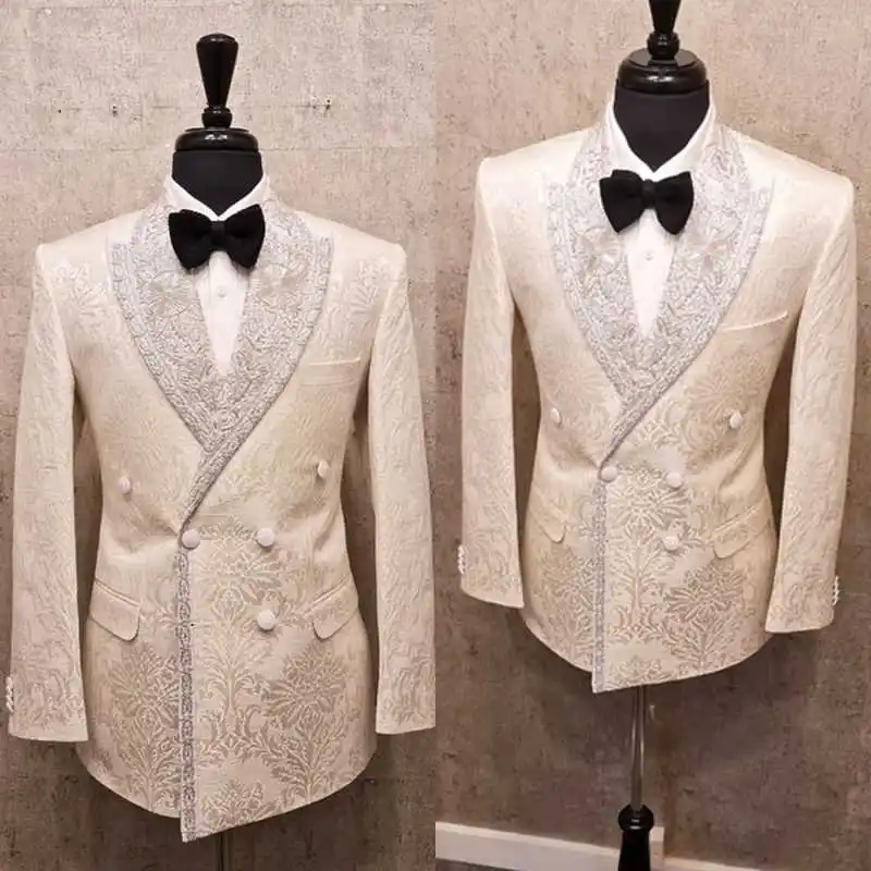 

Formal Jacquard Men Suits Double Breasted Peaked Lapel Groom Wedding Tuxedos Plus Size 2 Pieces Customized Outfits