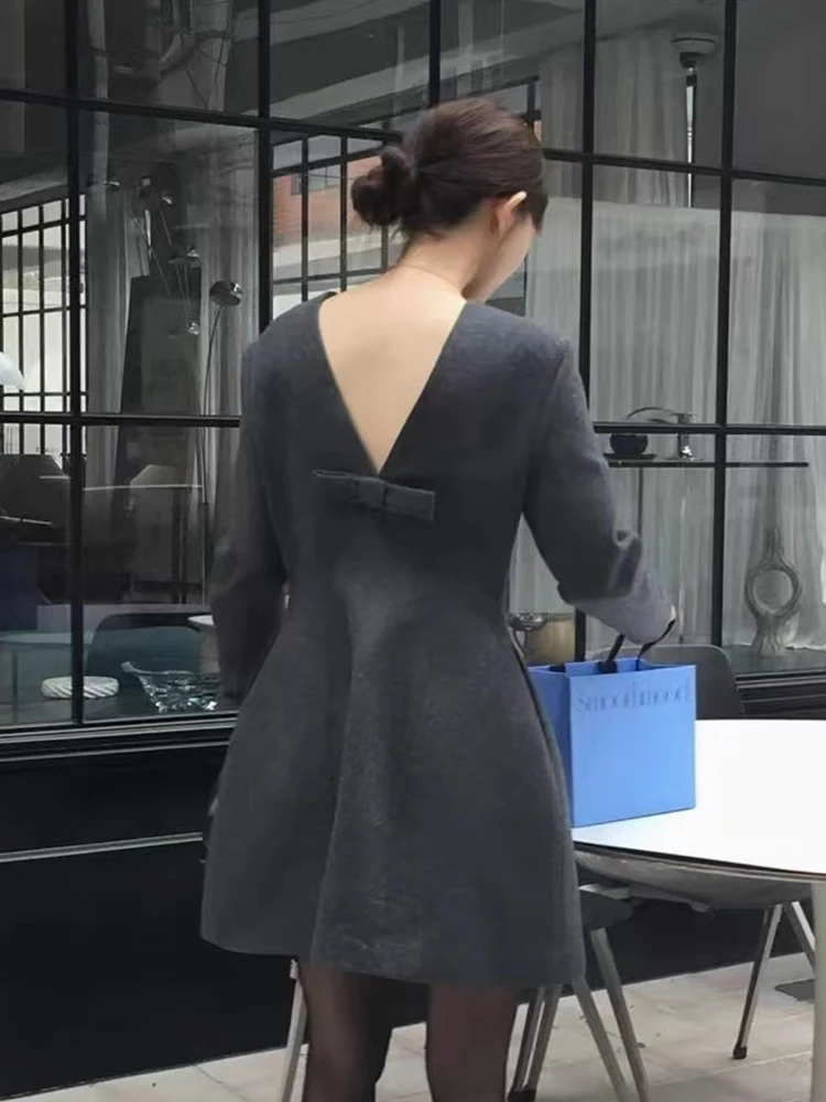 Backless Bow Vestidos Long Sleeve Women 2025 Vestido Tunic Dresses Korean Chic Dress Spring Autumn New Vintage Clothing