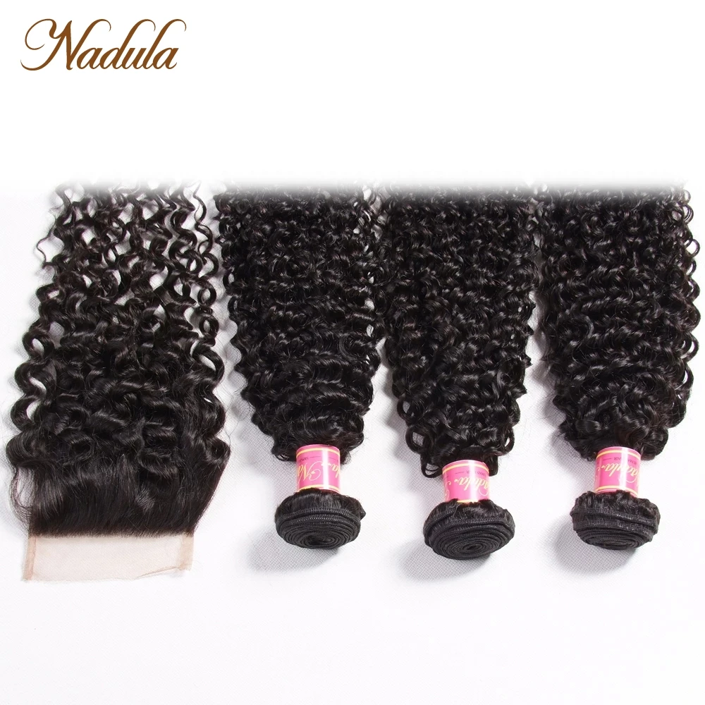 Nadula ผมและปิดอินเดีย Curly Hair 3 ชุดกับ 4*4 ปิดลูกไม้ฟรี/ กลาง/สามส่วน Remy ผม