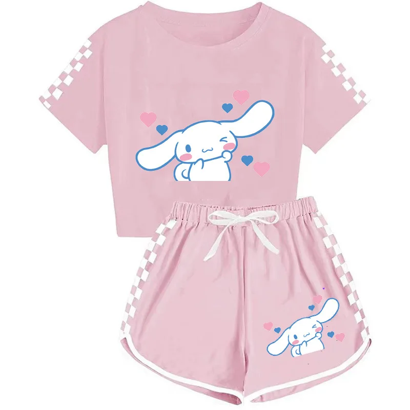 Sanrio-Conjunto de camisetas y pantalones cortos de dibujos animados para niñas, ropa deportiva de verano, pijama suave de manga corta, regalo para el hogar, Cinnamoroll Kuromi