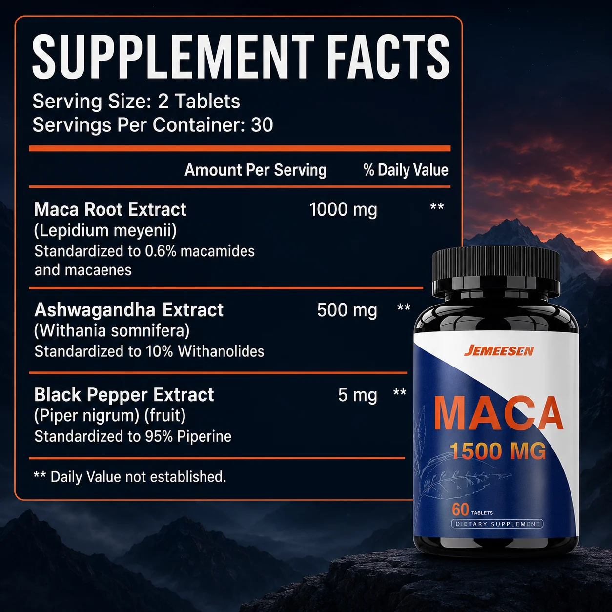Maca 1500 MG Men’s Supplement, 60 Tablets with Maca Root, Ashwagandha & Black Pepper, Supports Endurance, Vitality and Hormonal