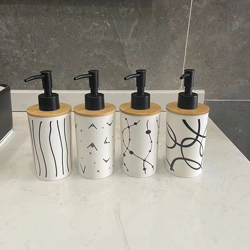 Plastic Liquid Soap Dispensers with Bamboo Cover, Hand Wash Bottle, Shower Gel Shampoo Bottles, Bathroom Accessories, 320ml