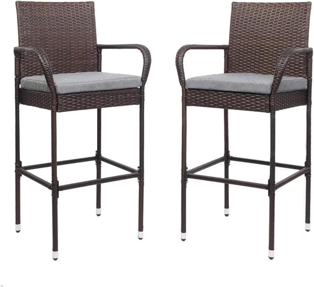 VINGLI Outdoor Wicker Bar Stools Set of 2 with Cushions, Outdoor Bar Chairs Bar Height Tall Patio Chairs, Outdoor Barstools