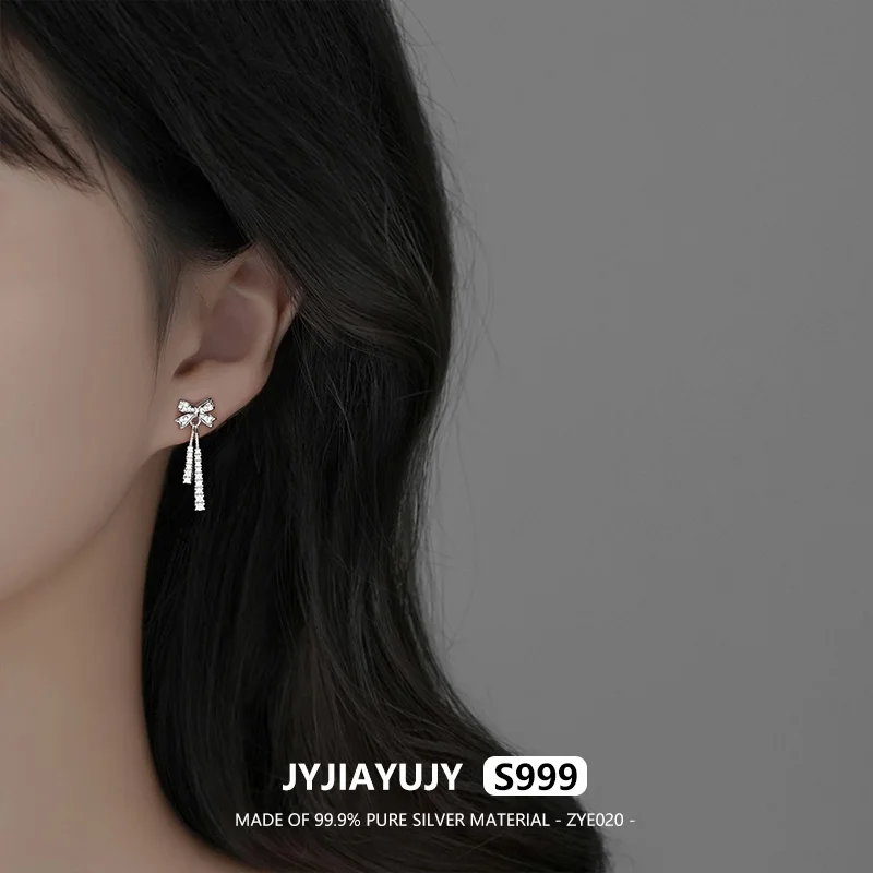 JYJIAYUJY 100% Pure Silver S999 Earrings 27MM Butterfly Shaped Design With White Zircon Fashion Jewelry Gift Daily Use ZYE020