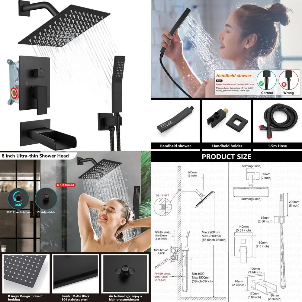 

Матовая черная настенная душевая система для ванны с квадратной насадкой для тропического душа, ручным распылителем и изливом для ванны