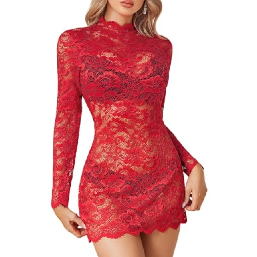 

Avidlove Women Sexy Sheer Lace Bodycon Mini Dress Long Sleeve Mock Neck Cocktail Party Dresses See Through Lingerie Outfit