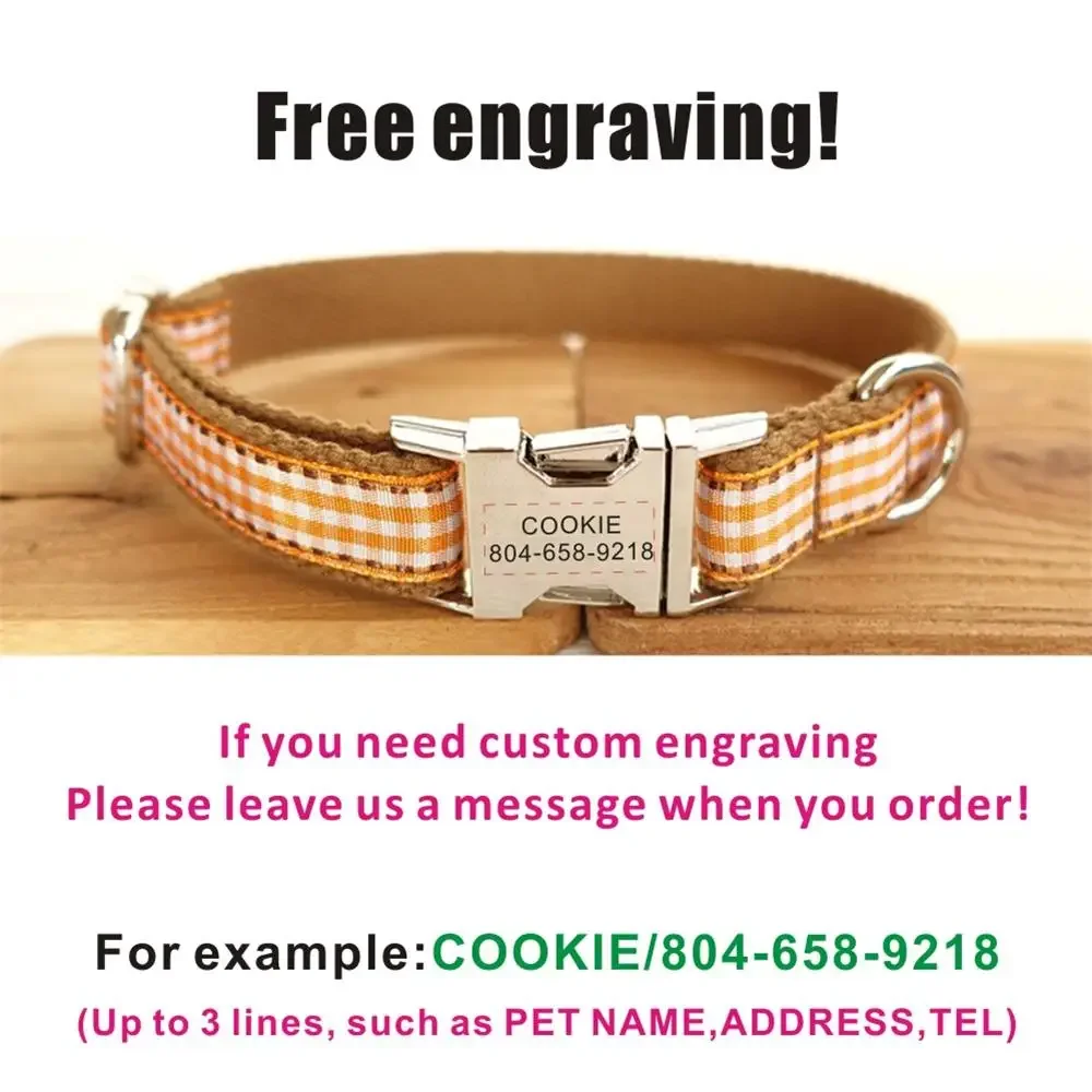 Personalized Pet Collar Customized Nameplate ID Tag Adjustable Brown Scottish Plaid Cat Dog Collars Lead Leash