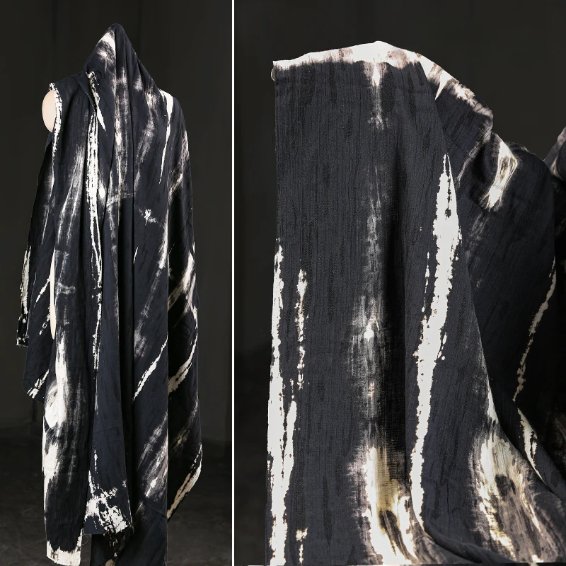 Black and White Retro Cotton and Linen Fabric Tie Dyed Texture Handmade Art Reconstructed Jacket Dress Clothing Designer Fabric